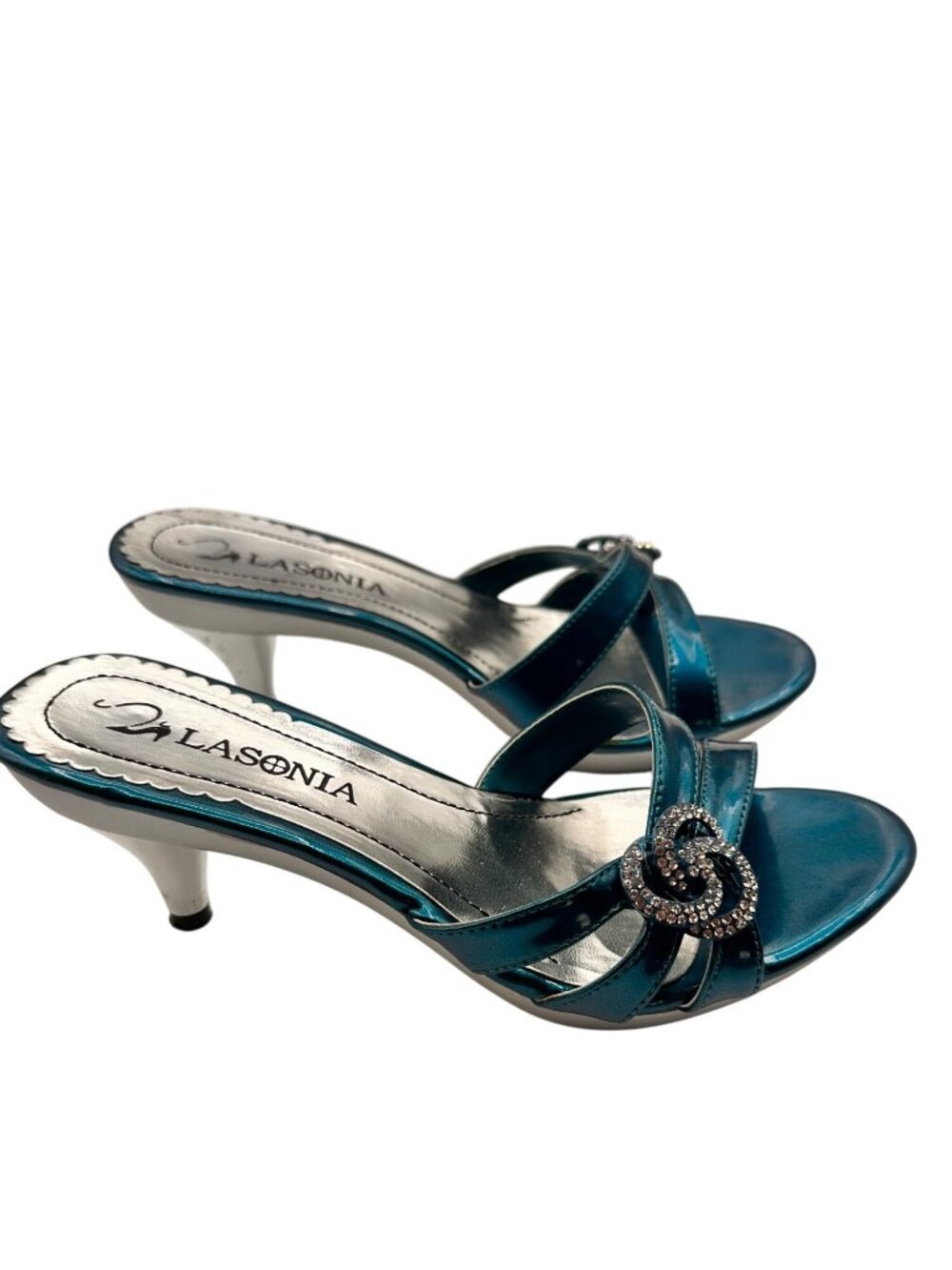 Lasonia Size 7 Teal Open-Toe Kitten Heel Sandals Rhinestone Embellished Straps